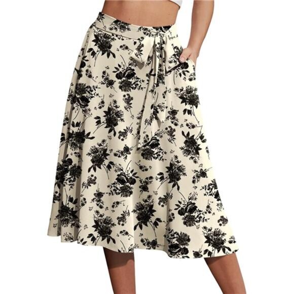 Women's A-Line Midi Skirt with Pockets High Waist Beige Black - Picture 1 of 3